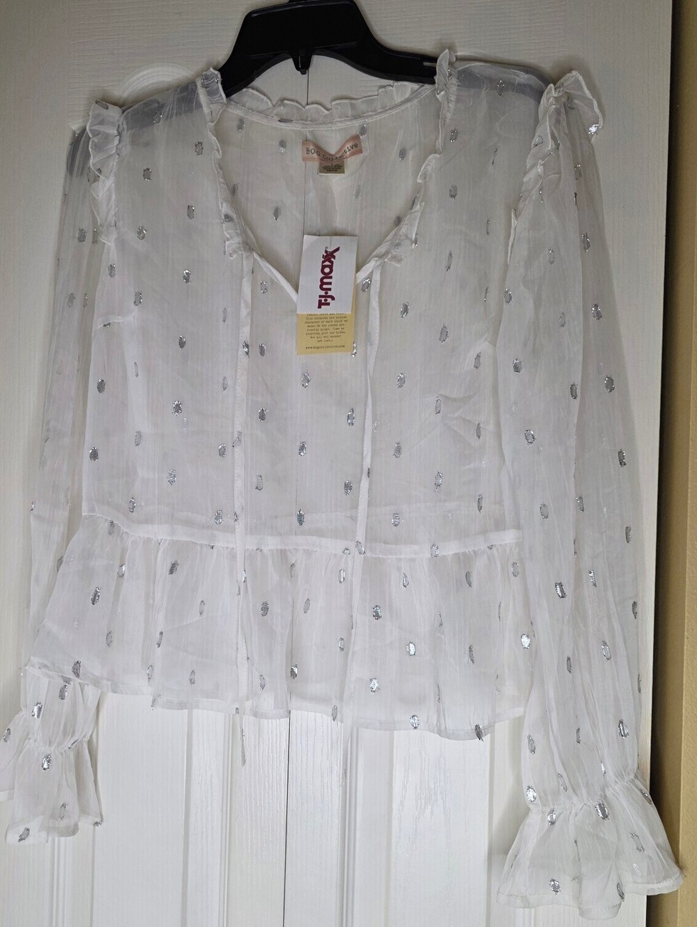 B.O.G Collective Women's Sheer Chiffon Ruffle Tie V-Neck Blouse L White